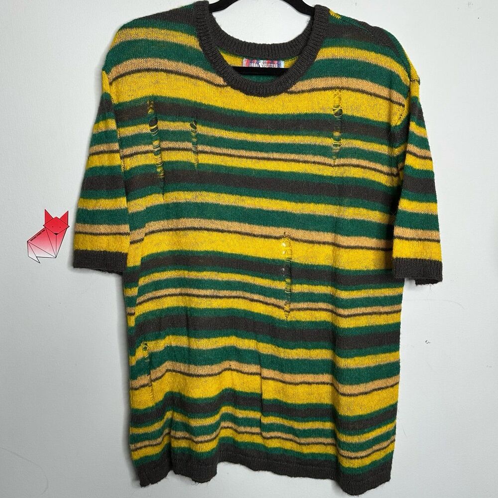 Urban Outfitters UO Short Sleeve Distressed Sweater Green Yellow Black Sz Medium